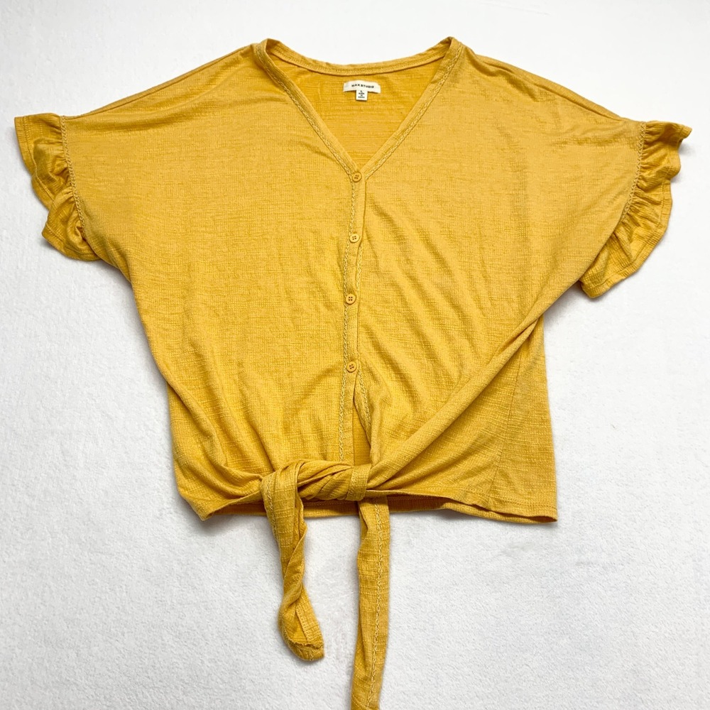 Max Studio Tie Front Ruffle Sleeve Top Women L Yellow Button Up Slub Knit Size L